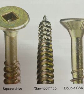Showing distinct design of the timbermate square drive head, the saw tooth screw tip and the double csk underside of the screw head